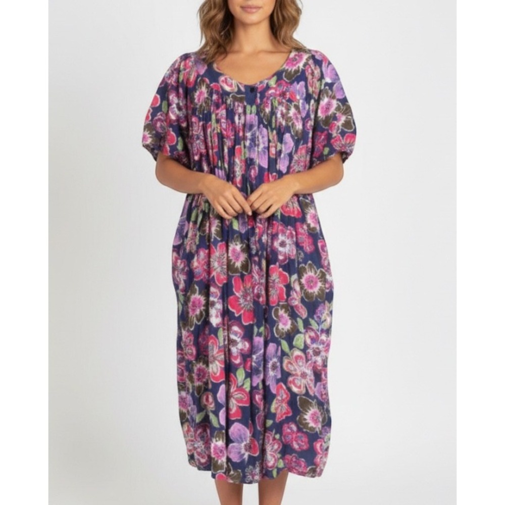 GO SOFTLY PATIO Blue/Multi FLORAL Crinkle BUTTON-UP Lounge MUUMUU/ HOUSE DRESS S